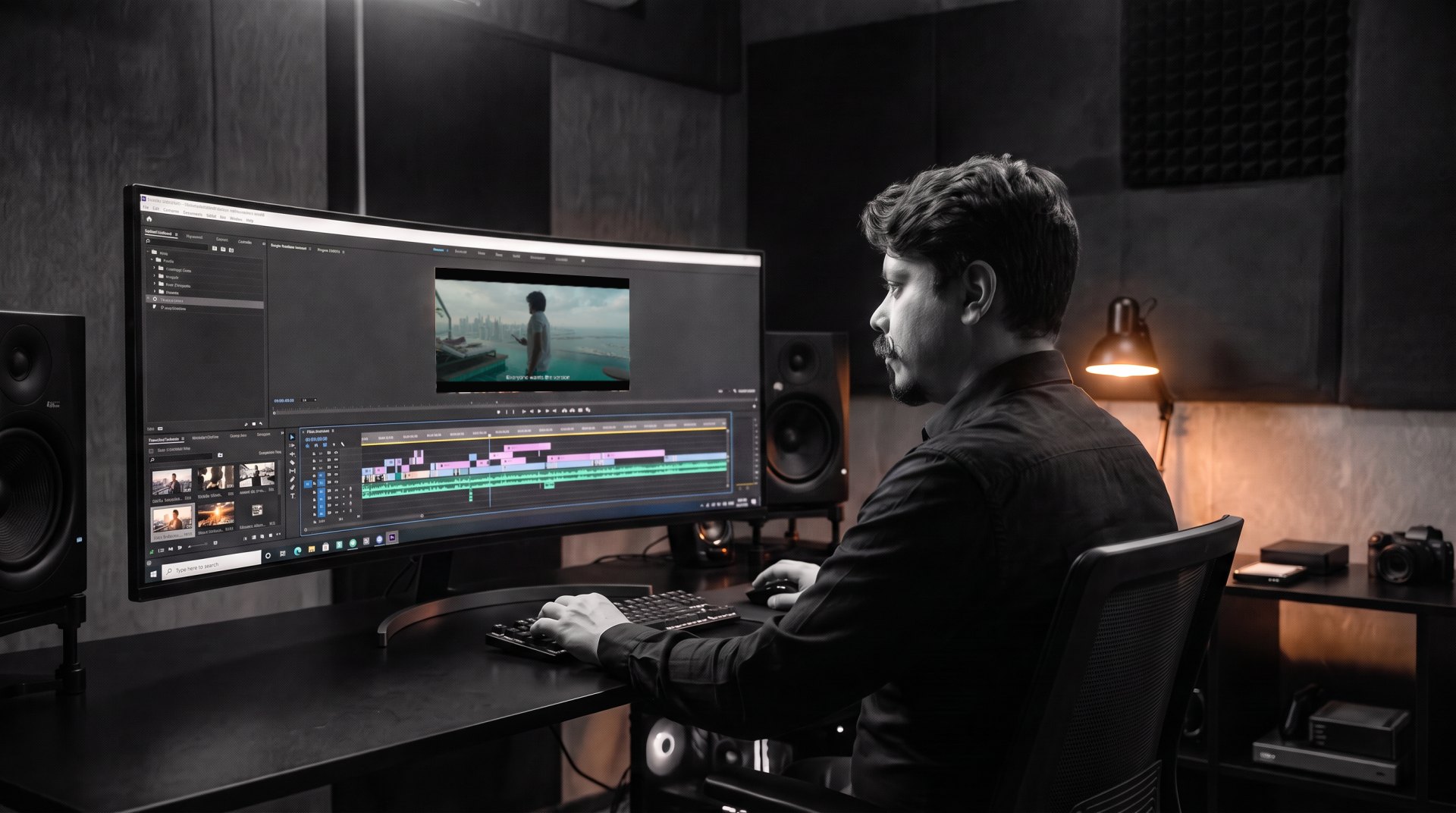 Carlos editing the Haris teaser in Premiere Pro